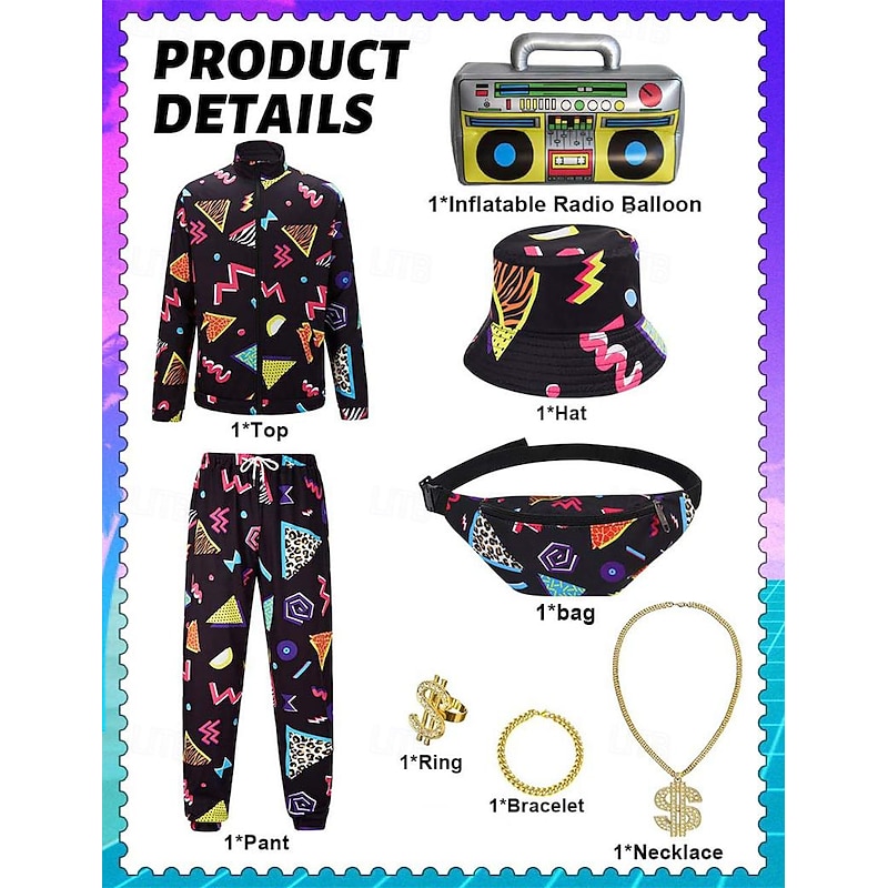 Retro Vintage 1980s Hip Hop Outfits Accesories Set Sportswear Disco Fancy Dress Men's Carnival Costume Halloween Carnival New Year Party / Evening Pride Parade Pride Month Adults' Top Pants Bracelet2