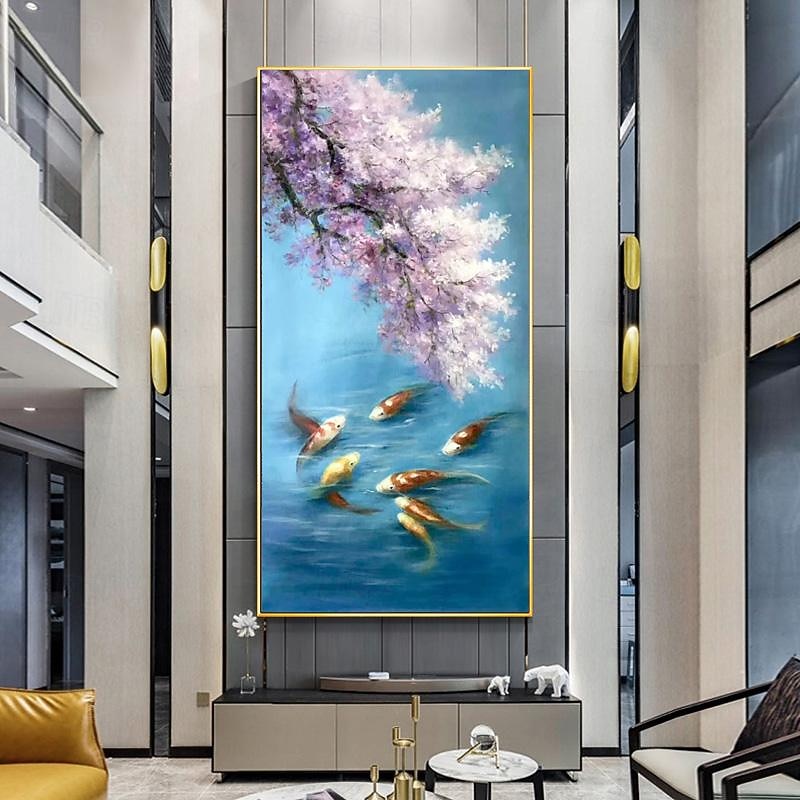 Koi Fish Abstract Oil Painting Fish Original Fine Art Hand painted Goldfish Oil Artwork Animals Cherry blossoms Wall Art Decor For Home Gifts for Her Rolled Canvas (No Frame)