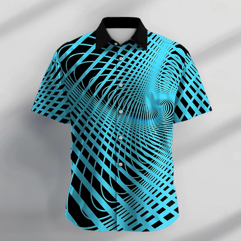 Men's Geometric Pattern Shirt Button Up Shirt Short Sleeve Fashion Casual Daily Holiday Summer Turndown Collared Shirts Buttons Print Black