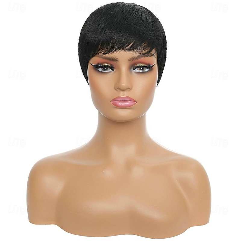 Human Hair Short Wigs Pixie Cut Wigs with Bangs Layered Wavy Wigs for Black Women3