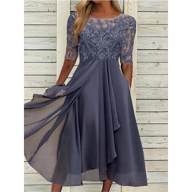 Women's Midi Dress Lace Dress Cocktail Dress Wedding Guest Dress Chiffon Dress Elegant Formal Wedding Party Regular Fit Half Sleeve Crew Neck Blue Purple Green Dark Blue Summer4