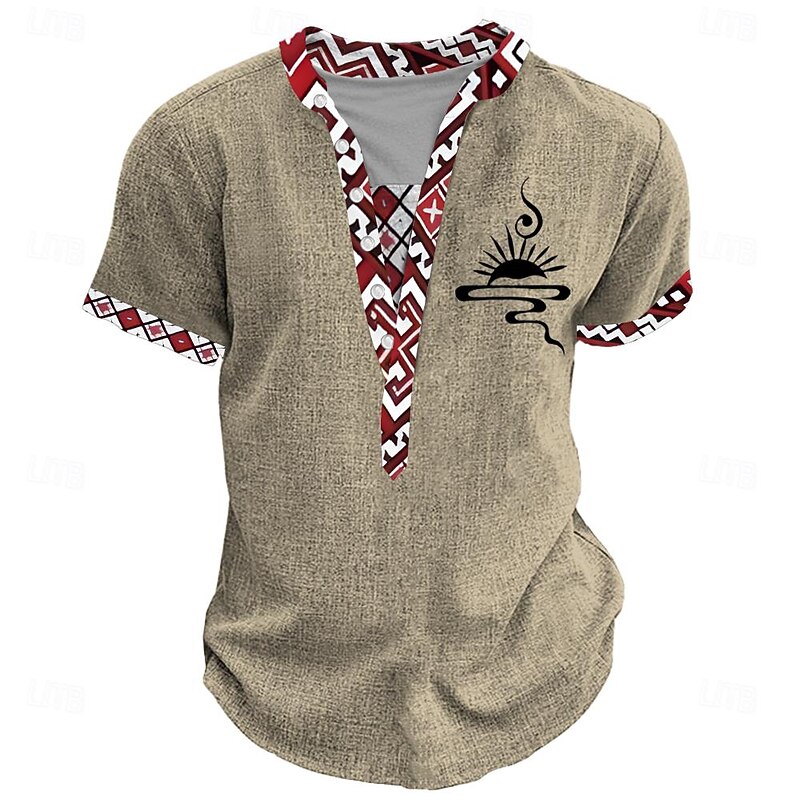 Men's Tribal African Pattern T Shirt Henley Shirt Short Sleeve 3D Print Designer Ethnic Casual Daily Summer Yellow Green Khaki Henley Henley T-Shirt4