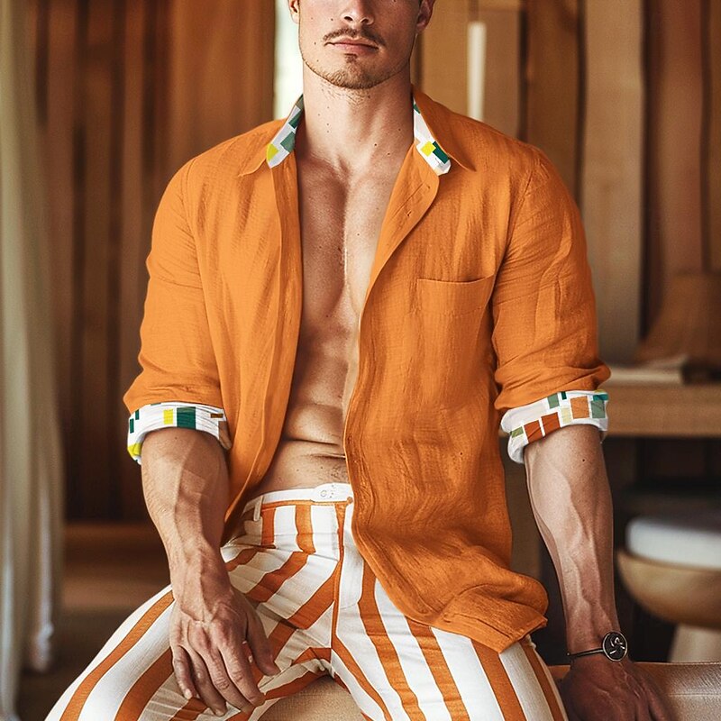Men's Patchwork Shirt Linen Shirt Summer Shirt Long Sleeve Basic Casual Beach Street Holiday Daily Wear Summer Fold-over Collar Orange