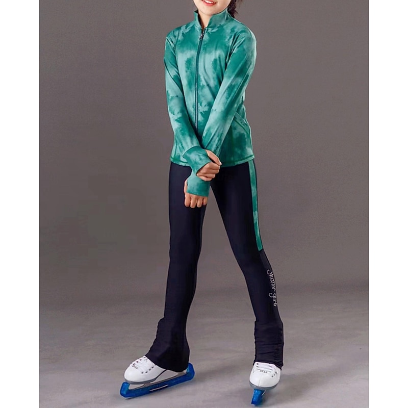 Figure Skating Pants Figure Skating Jacket with Pants Women's Girls' Ice Skating Jacket Tights Outfits Forest Green Pink Blue Patchwork Thumbhole Spandex Stretchy Training Practice Professional3