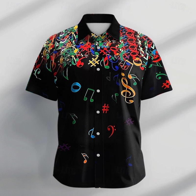 Men's Boardmasters Musical Notes Shirt Button Up Shirt Short Sleeve Casual Vacation Daily Evening Party Summer Turndown Collared Shirts Buttons Print Black Pink Orange