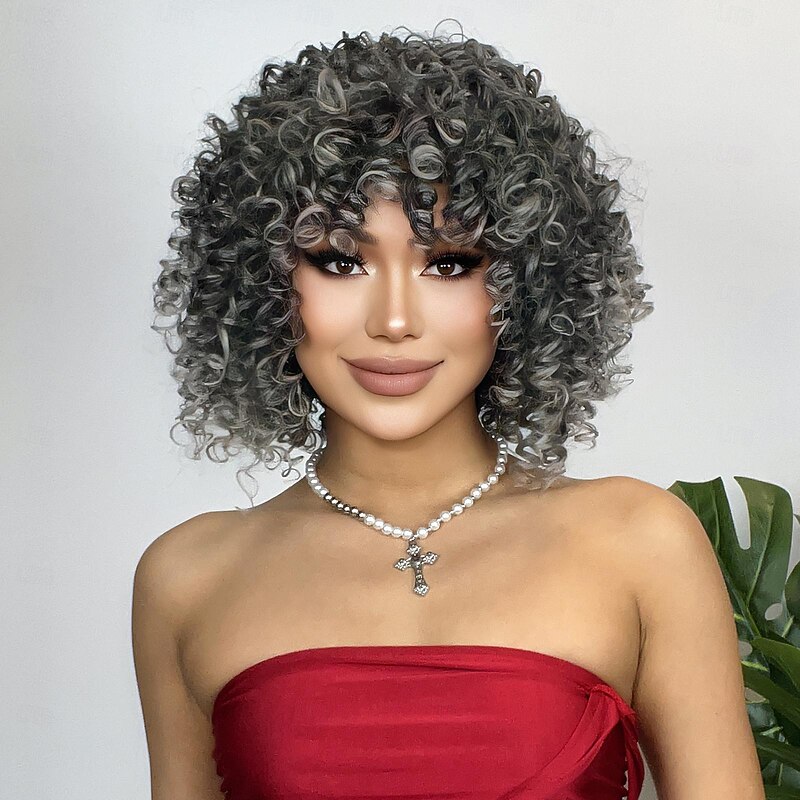 Synthetic Wig Uniforms Career Costumes Princess Deep Curly Afro Curly Middle Part Layered Haircut Machine Made Wig 10 inch Grey Synthetic Hair Women's Cosplay Party Fashion Dark Gray4