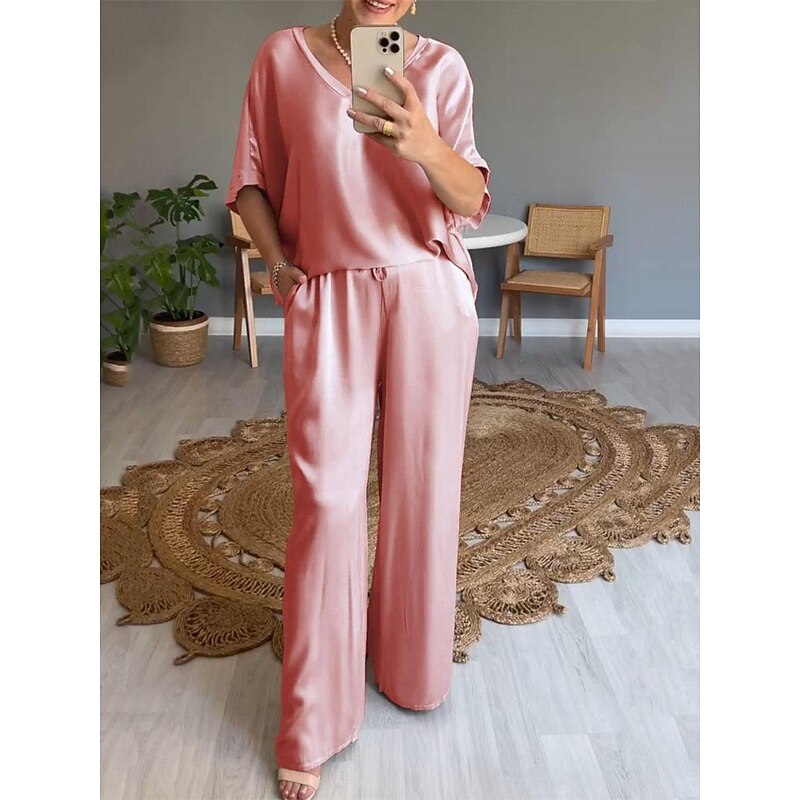 Women's Stylish T Shirt Wide Leg Pants 3/4 Length Sleeve V Neck Plain Holiday Weekend Silver Black Pink Summer Regular Fit4