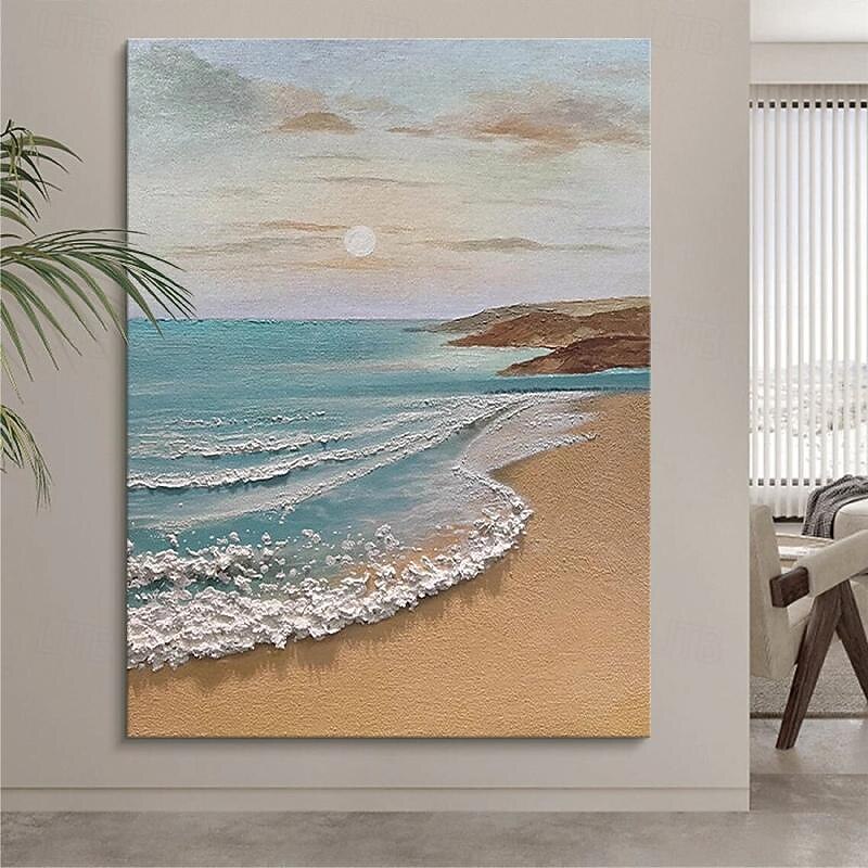 Sky and Ocean painting hand painted Calming Landscape Painting Neutral Landscape oil painting handmade Light Beige Aesthetic Acrylic wave sea Painting  Minimalist Art painting