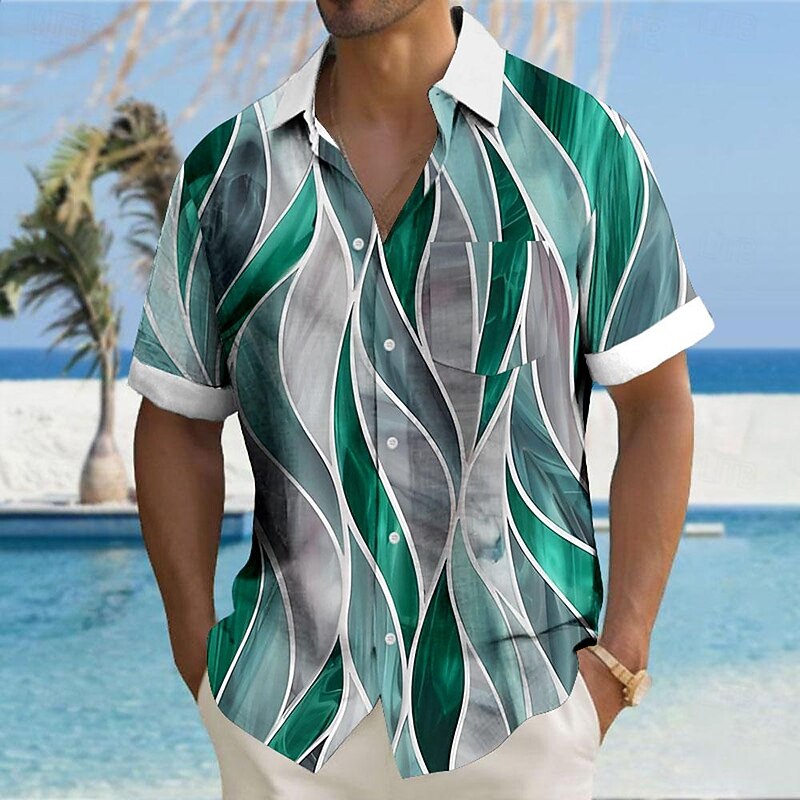 Men's Geometric Textured Button Up Shirt Printed Shirts Short Sleeve Hawaiian Resort Outdoor Vacation Summer Turndown Print Button-Down Red Blue Mint Green Green2