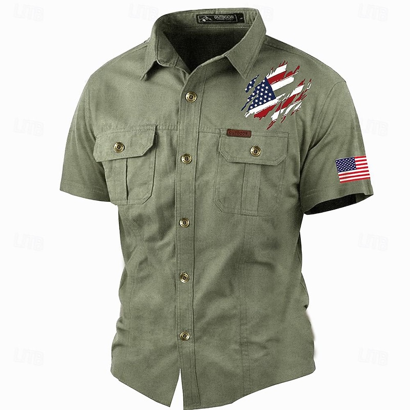 Men's American US Flag Flag / National flag Work Shirt Western Shirt Cargo Shirt Short Sleeve Casual Tactical Sports & Outdoor Going out Summer Spring Turndown Print Army Green Khaki