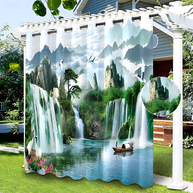 Waterproof Outdoor Curtain Privacy, Sliding Patio Curtain Drapes, Pergola Curtains Grommet Chinese Landscape For Gazebo, Balcony, Porch, Party, 1 Panel2