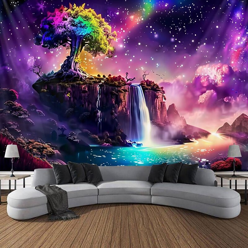 Blacklight Tapestry UV Reactive Glow in the Dark Glow Party Neon Fantasy Waterfall Rainbow Psychedelic Trippy Misty Hanging Tapestry Wall Art Mural for Living Room Bedroom