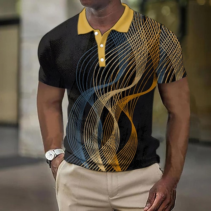 Men's Geometric Golf Shirt Short Sleeve Polo Shirts Collared Shirts Vacation Wear Formal Wear Festival Wear Buttons 3D Print Summer Spring Black