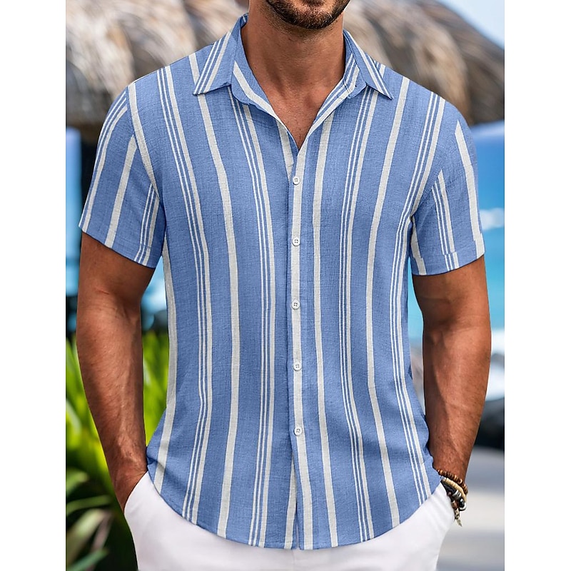 Men's Shirt Summer Shirt Beach Wear Button Up Shirt Casual Shirt Black Blue Green Short Sleeve Striped Collar Daily Vacation Clothing Apparel Fashion Casual Comfortable