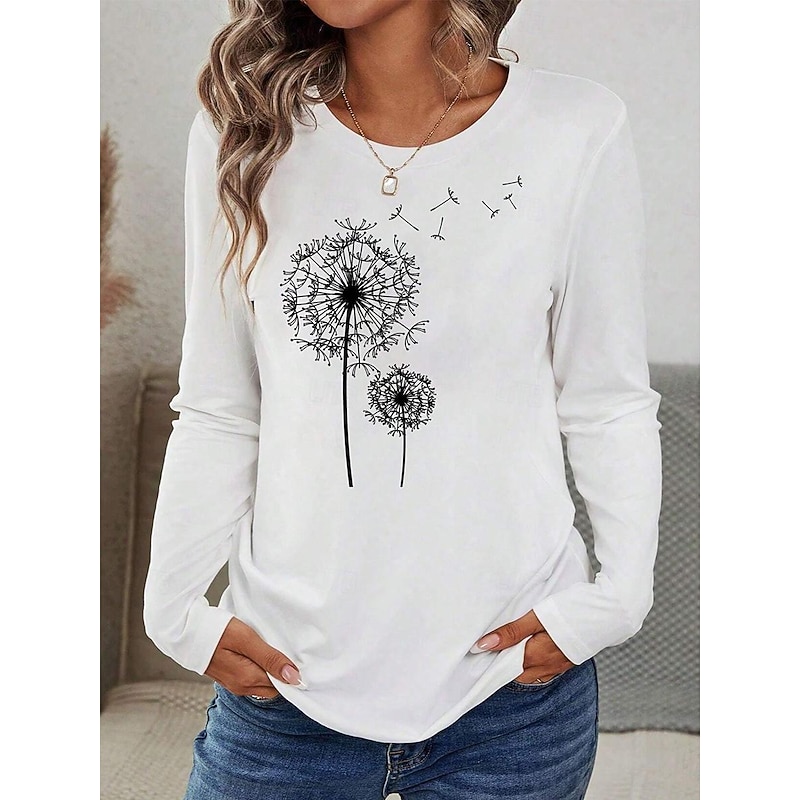 Women's T Shirt Dandelion Basic Casual Long Sleeve Crew Neck Regular Tops Daily Print White Spring &  Fall3