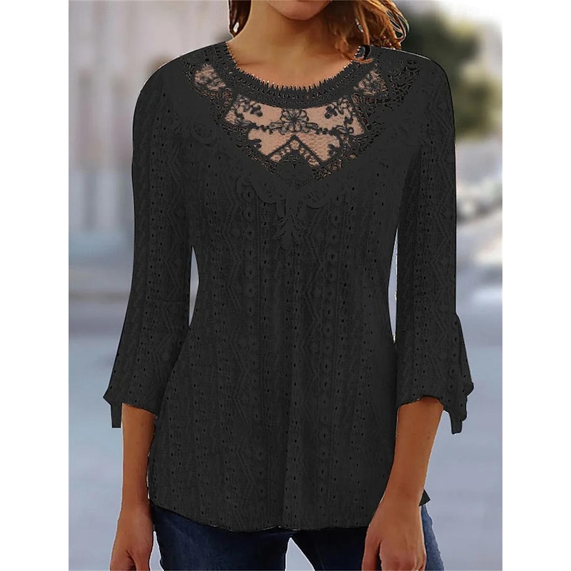 Shirt Blouse Dressy Tops Women's Black White Pink Plain Lace Street Daily Fashion Round Neck Regular Fit S2
