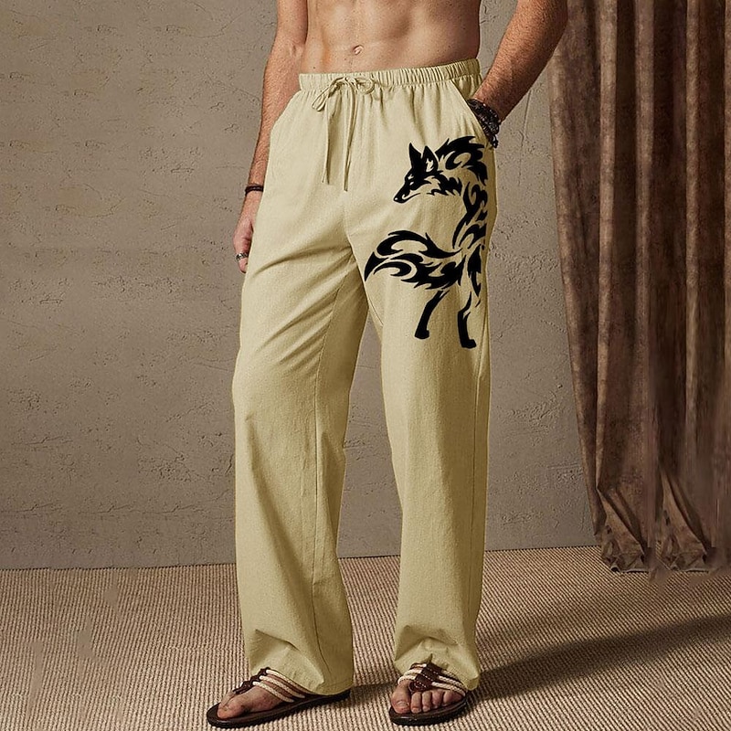 Men's Summer Pants Elastic Waist Animal Wolf Comfort Full Length Outdoor Streetwear Vacation Hawaiian Black White Micro-elastic 6