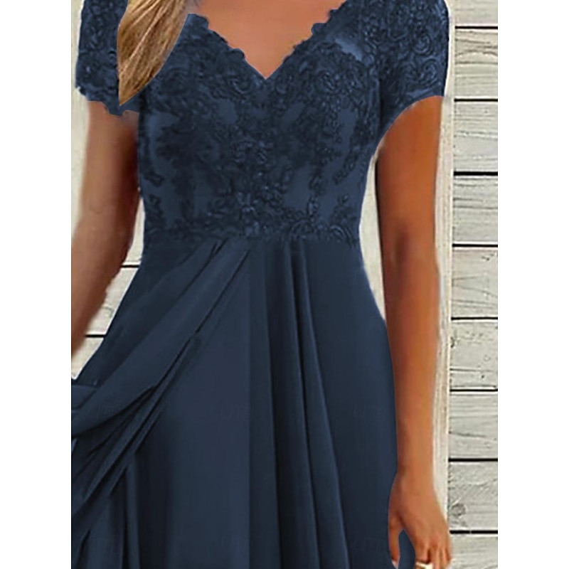 Women's Midi Dress V-neck Lace Detail Short Sleeve Chiffon Flowy Blue Elegant Evening Party Wedding Guest Spring Summer Fall Versatile Sizes4