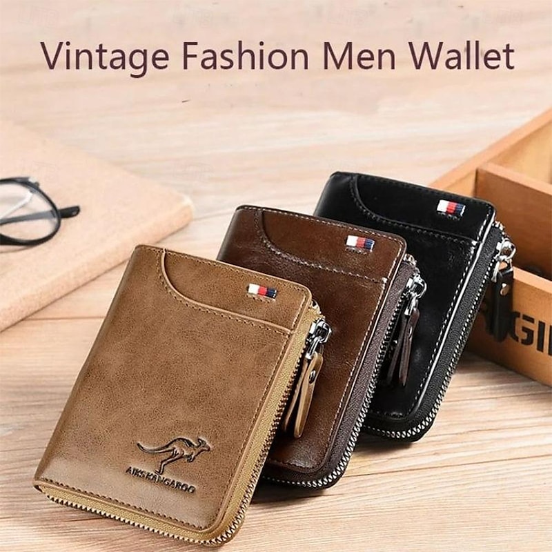 Kangaroo Men's RFID Blocking PU Leather Wallet with Zipper, Multi-Slot Credit Card Holder, Business Purse3