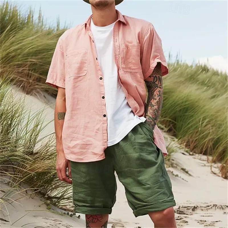 Men's Linen Shorts Summer Shorts Beach Shorts Pocket Drawstring Elastic Waist Plain Comfort Breathable Short Holiday Vacation Beach Hawaiian Boho ArmyGreen Black4