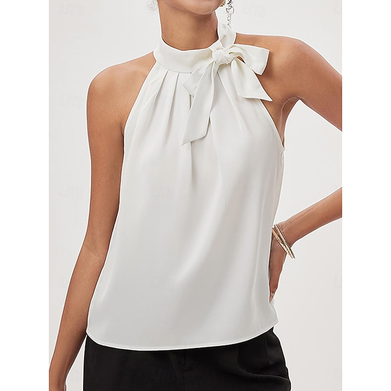 Women's Blouse Dressy Tops Plain Elegant Modern Sleeveless Sleeveless Halter Neck Regular Tops Work Ruched Bow White Summer