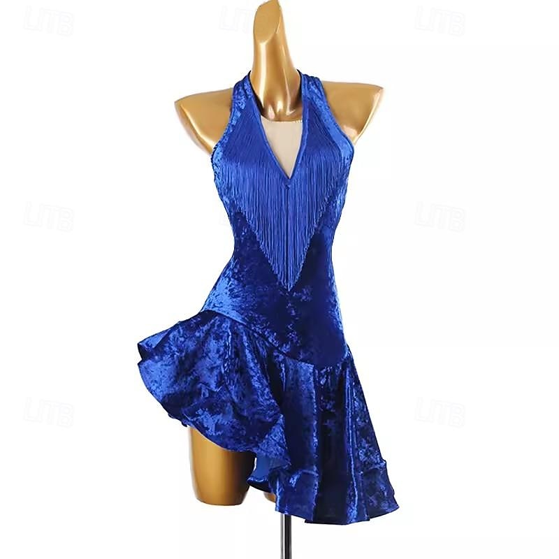 Latin Dance Dress Tassel Pure Color Splicing Women's Performance Training Sleeveless Velvet
