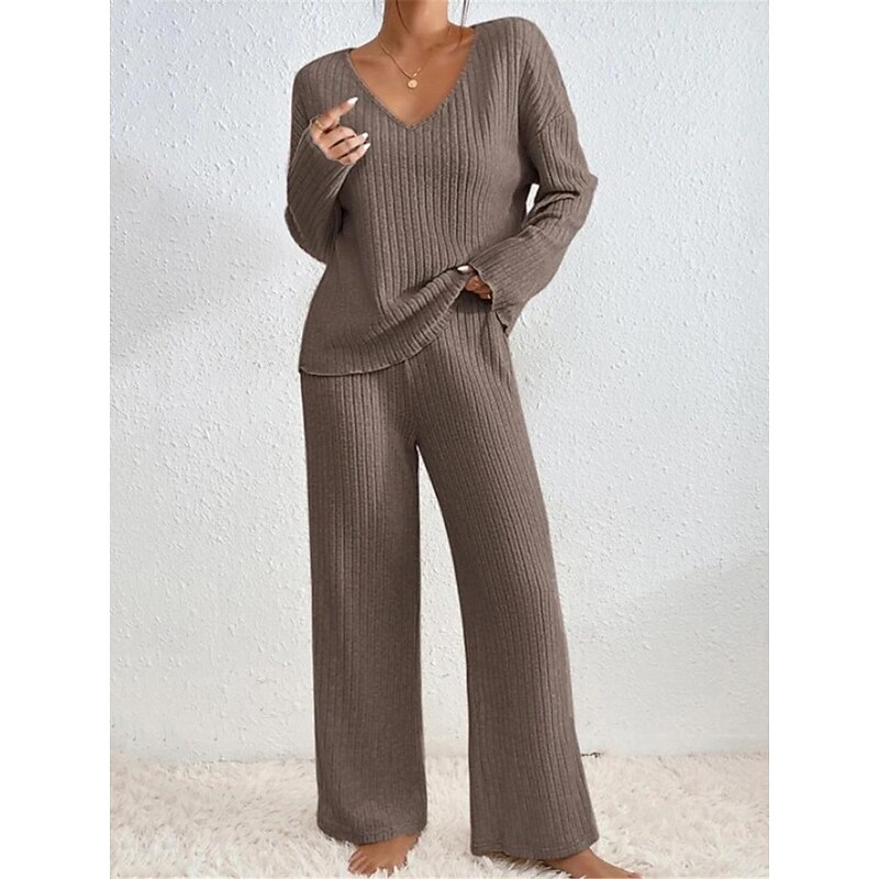 Women's Pajamas Sets Pure Color Fashion Comfort Home Daily Bed Knit Breathable V Wire Long Sleeve Pant Elastic Waist Spring Fall Black Camel Home Outfits2