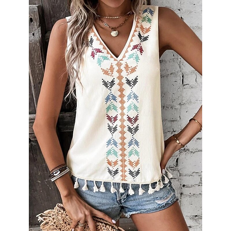 Women's Tank Top Casual Sleeveless V Neck Regular Tops Daily Print Black White Pink off-white Summer3