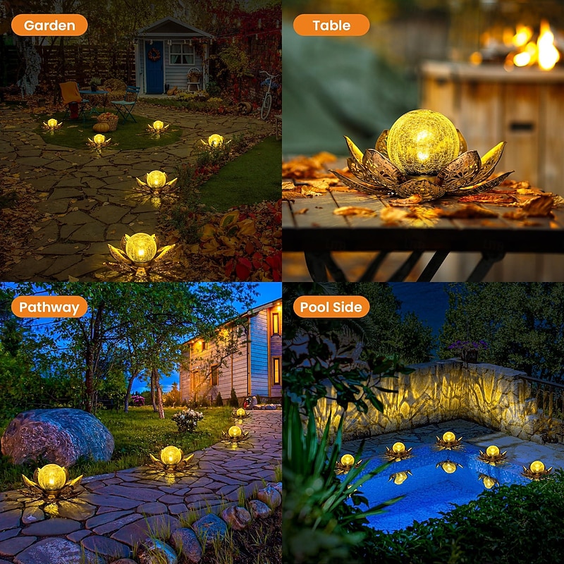 Solar Lights Outdoor Garden Decor, Adjustable Metal Petal Lotus Flower Lights Glass Lantern Outdoor Table Decor Waterproof for Patio, Lawn, Pathway, Pond, Christmas Gift4
