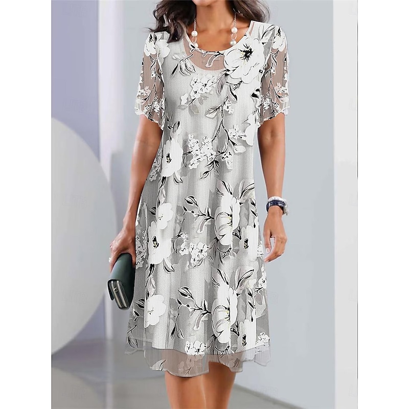 Women's Elegant Chiffon Dress Floral Mesh Print Crew Neck Midi Dress Daily Vacation Short Sleeve Summer Spring
