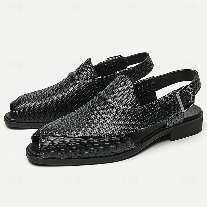Men's Black Woven Leather Sandals - Stylish Open-Toe Slingback Shoes with Buckle Strap2