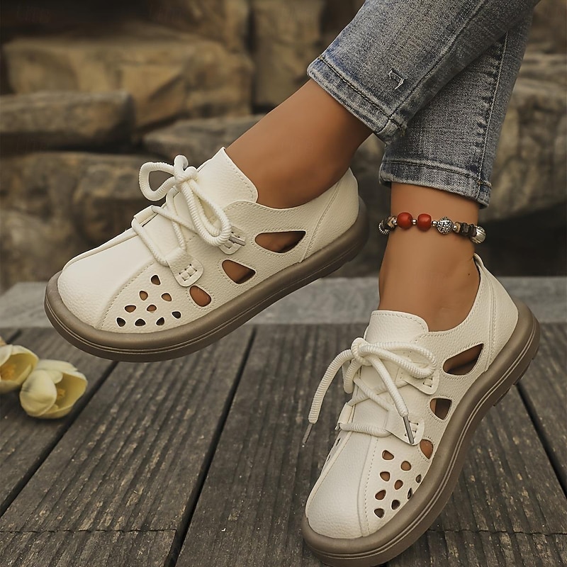 Women's White Cutout Lace-Up Faux Leather Flats – Breathable Casual Walking Shoes for Summer, Travel & Everyday Wear3