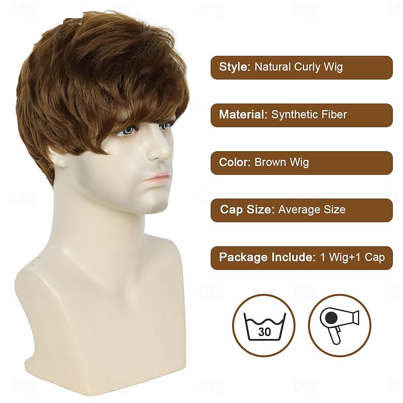 Mens Wig, Short Brown Wig for Men Layered Natural Fluffy Synthetic Hair Wig Heat Resistant Halloween Cosplay Wig2