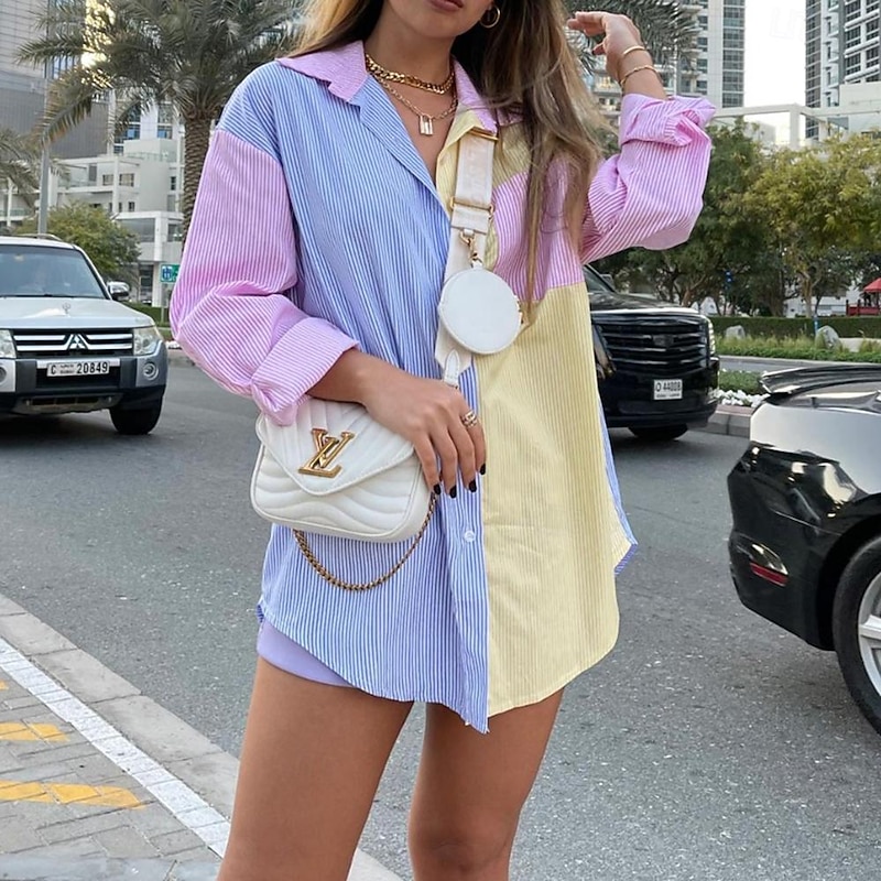 Women's Shirt Blouse Casual Color Block Striped Buttons Pocket Print Long Sleeve Regular Tops Shirt Collar Daily Pink Blue Spring & Summer4