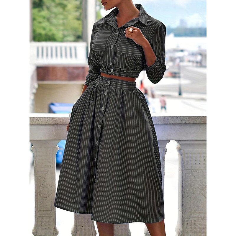 Women's Dress Set Shirt Dress Classic Modern Stripe Buttons Long Dress Maxi Dress 3/4 Length Sleeve Shirt Collar Office Daily Black Blue Green Summer Regular Fit3