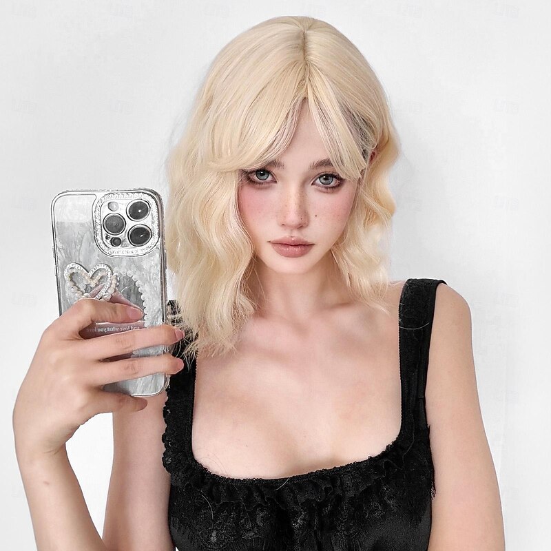 12Inch Synthetic Wigs For Women's Wig  White Blonde Short Curly Bobo Hair with  Bangs Fashion Lovely Party3