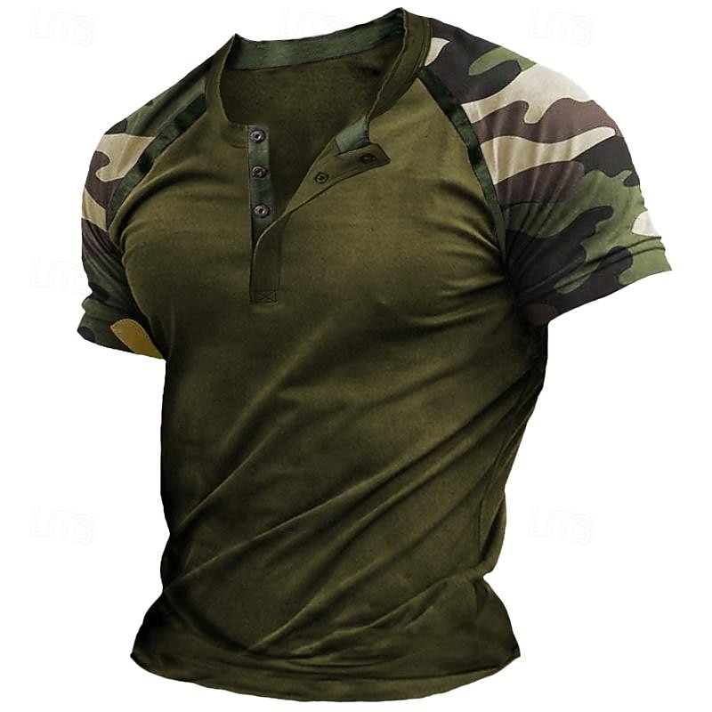Men's Henley Shirt Tee Top Short Sleeve Color Block Fashion Designer Comfortable Buttons Henley Outdoor Casual Daily Summer Army Green Blue Grey Henley T-Shirt2