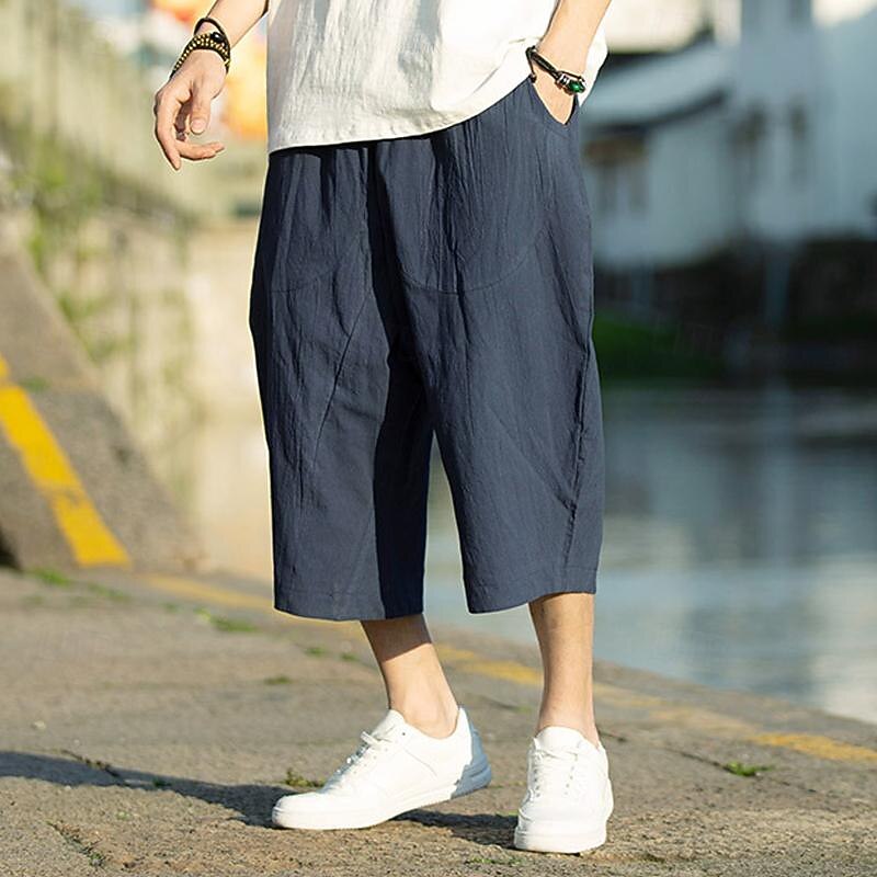 Men's Linen Pants Capri Pants Summer Pants Beach Pants Pocket Drawstring Elastic Waist Plain Comfort Breathable Calf-Length Vacation Daily Holiday Hawaiian Boho Black White