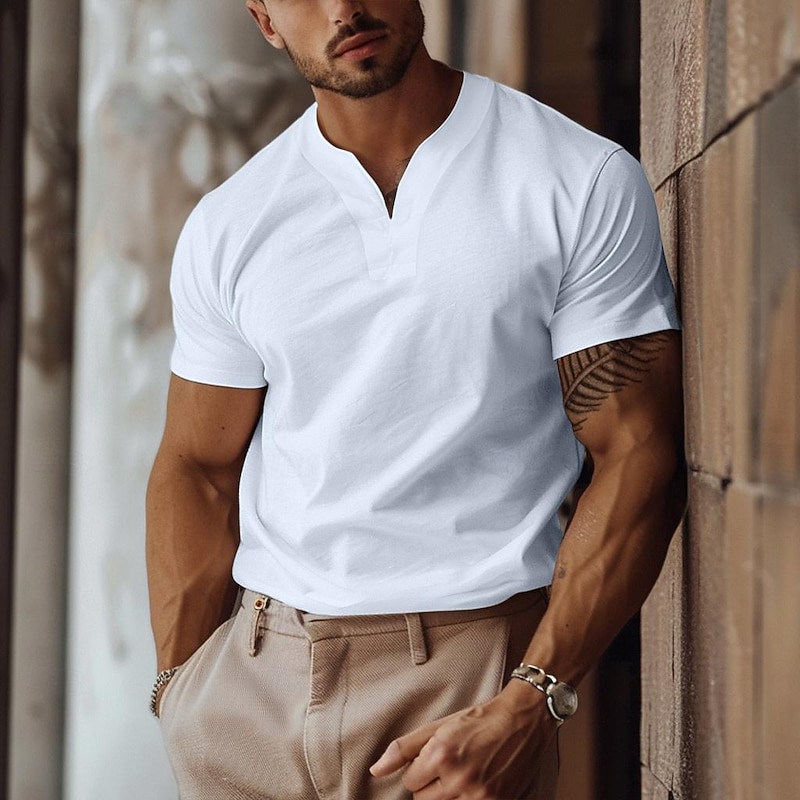 Men's T Shirt Short Sleeve Y Neck Summer Plain Sports Fashion Lightweight Classic Style Vacation Casual Holiday Light Blue Black White Top Tee for Men
