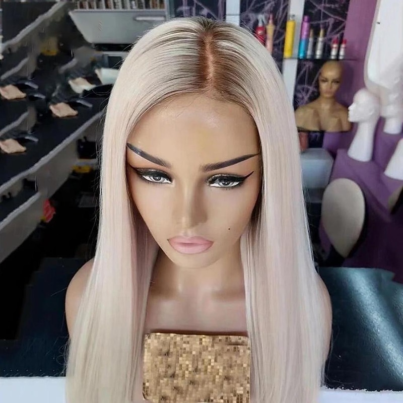 Ash Blonde Straight Remy Human Hair Lace Front Wig Preplucked Brazilian Virgin Hair  Colored Ombre Lace Front Human Hair Wigs with Baby Hair for Women3