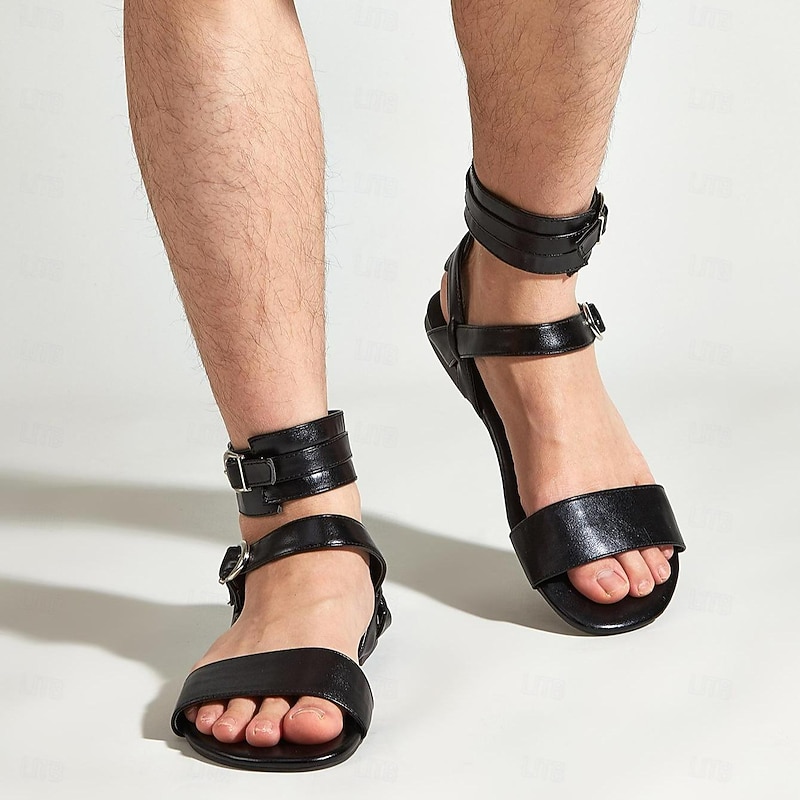 Men's Black Gladiator Sandals – Faux Leather Ankle Strap Flat Sandals with Buckle Closure for Summer Fashion, Beachwear, and Festivals2