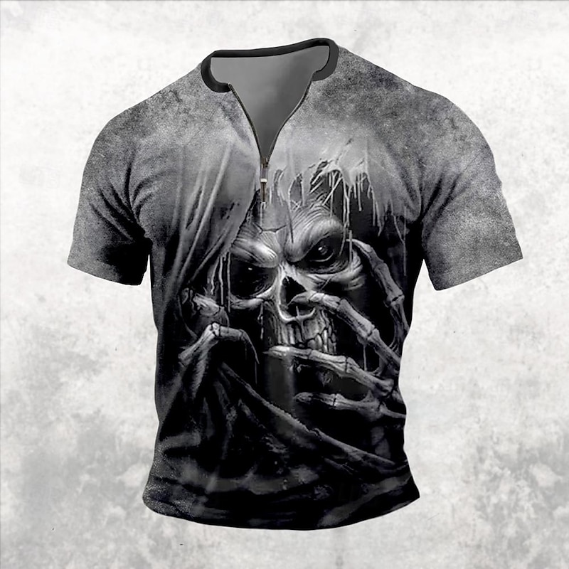 Halloween Men's Grim Reaper Dark T Shirt Short Sleeve T shirt 3D Print Half Zip Shirt Retro Vintage Street Casual Daily Black Blue Brown Summer Spring Clothing Apparel S M L XL XXL XXXL
