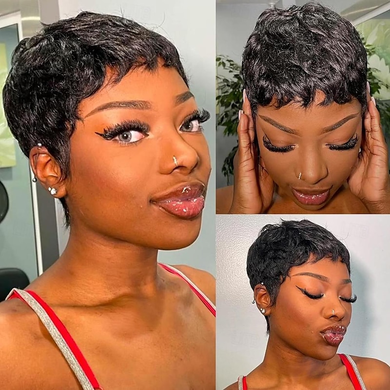 Human Hair Wig Short Natural Straight Pixie Cut Natural Black Adjustable Natural Hairline For Black Women Machine Made Capless Brazilian Hair Women's Natural Black #1B 6 inch Daily Wear Party2