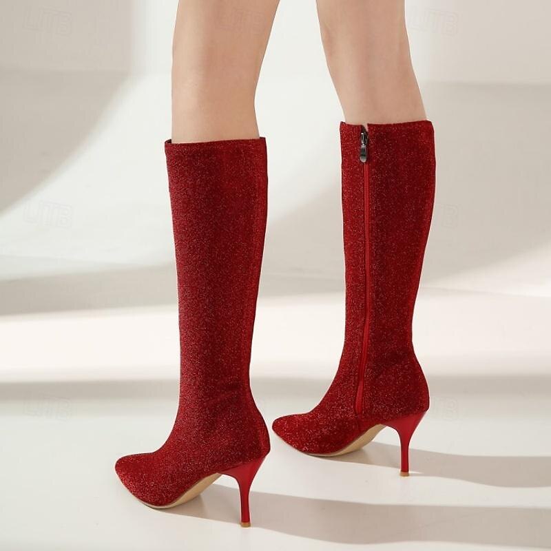 Women's Sparkly Knee-High Stiletto Boots – Elegant Pointed Toe Heeled Dress Boots for Evening Parties, Weddings, and Holiday Events3