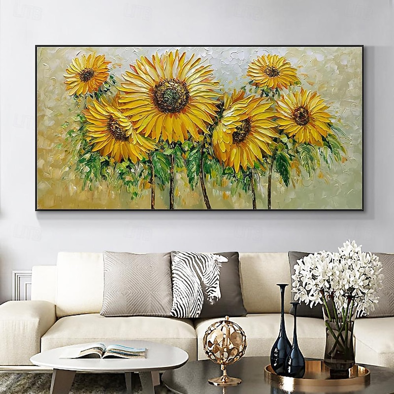 Handmade Oil Painting Canvas Wall Art Decoration Modern Abstract Flowers Knife Sunflower for Living Room Home Decor Rolled Frameless Unstretched Painting