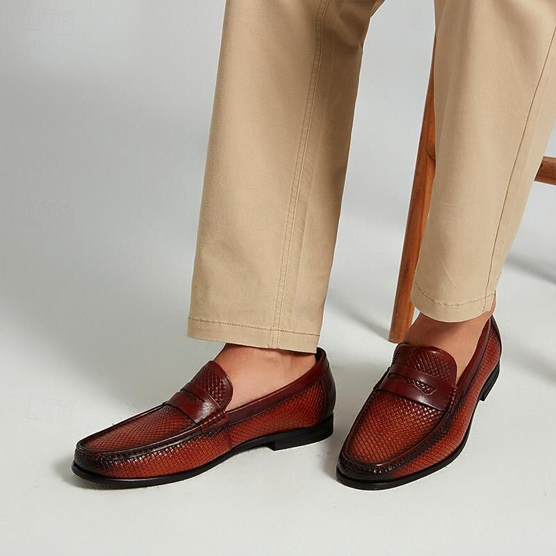Men's Woven Burgundy Leather Loafers - Elegant Dress Shoes with Textured Finish and Premium Cowhide 6