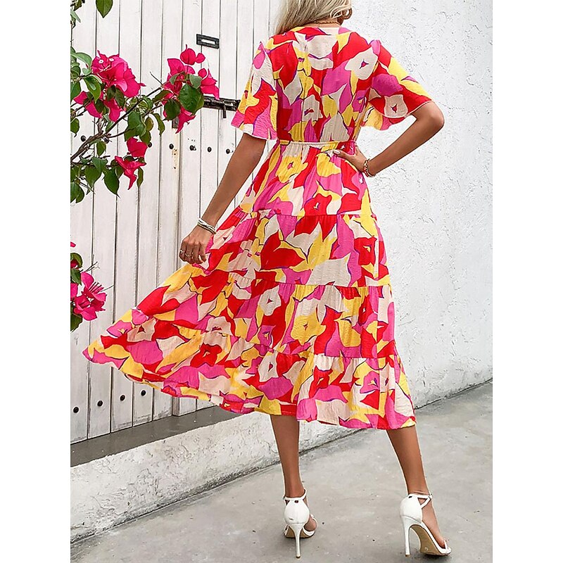 Women's Color Block Button Belted V Neck Ruffle Sleeve Maxi Dress Stylish Daily Short Sleeve Summer2