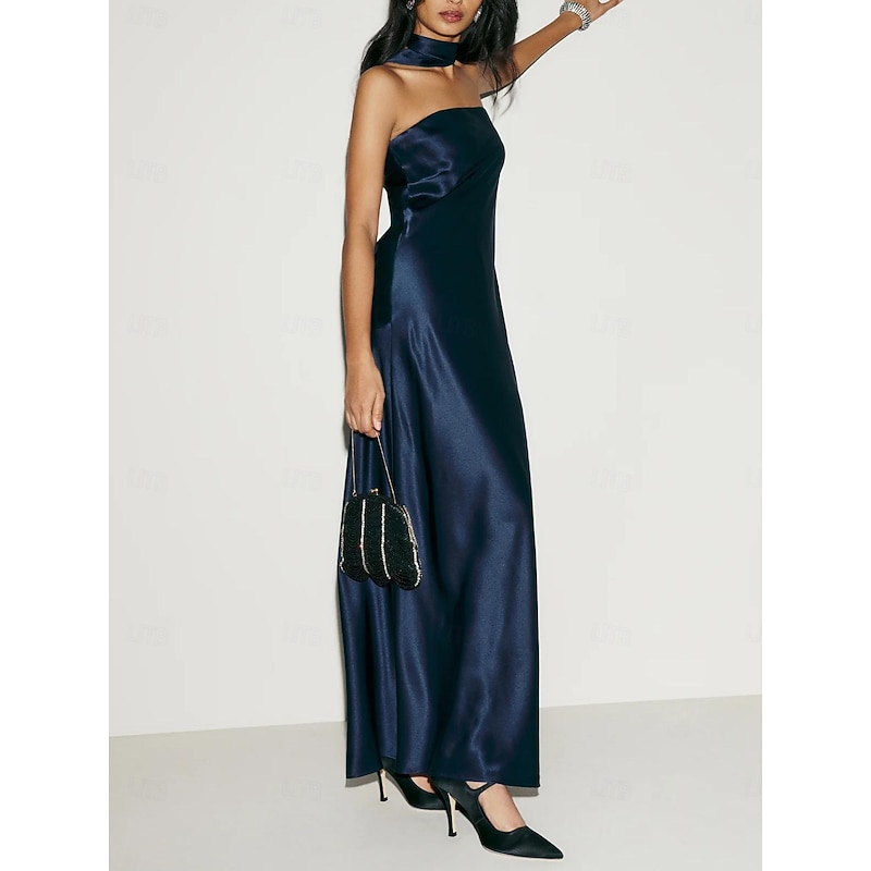 Sheath Wedding Guest Dresses Elegant Dress Formal Black Tie Floor Length Sleeveless Strapless Charmeuse with Strappy