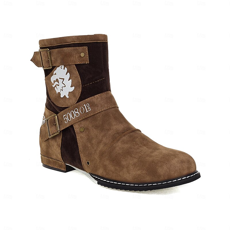 Men's Brown Suede Biker Ankle Boots with Buckle Straps and Lion Emblem – Retro Steampunk Cosplay Boots for Halloween, Parties, and Daily Wear
