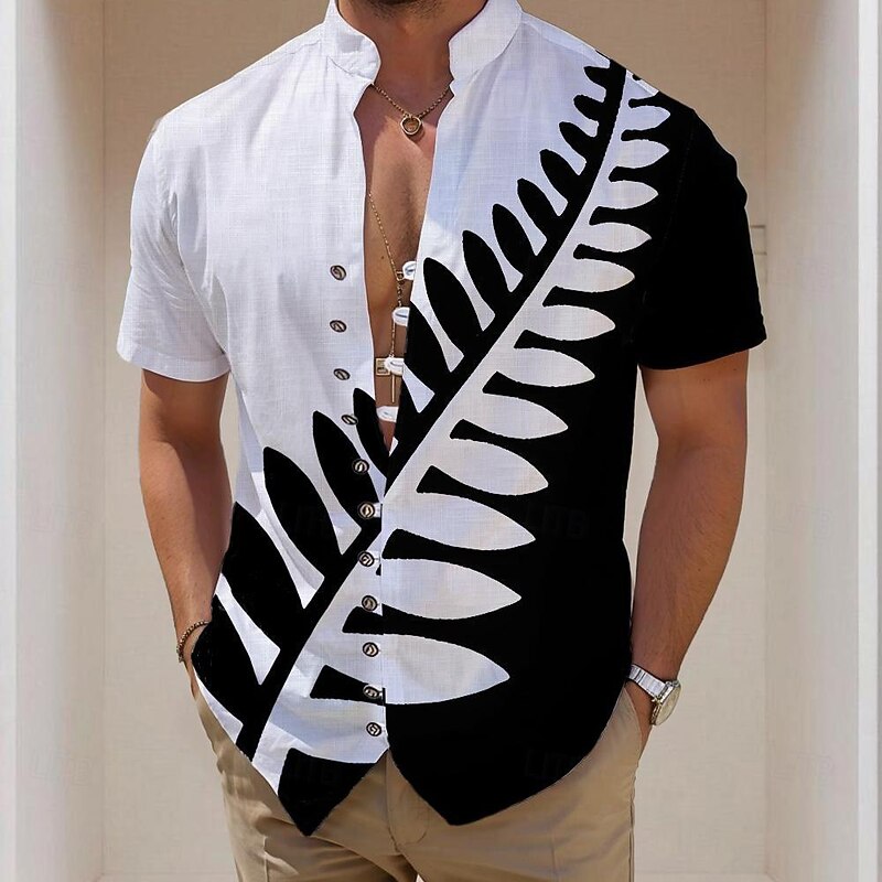 Men's Shirt Button Up Shirt Short Sleeve Casual Holiday Summer Spring Stand Collar Buttons Print White